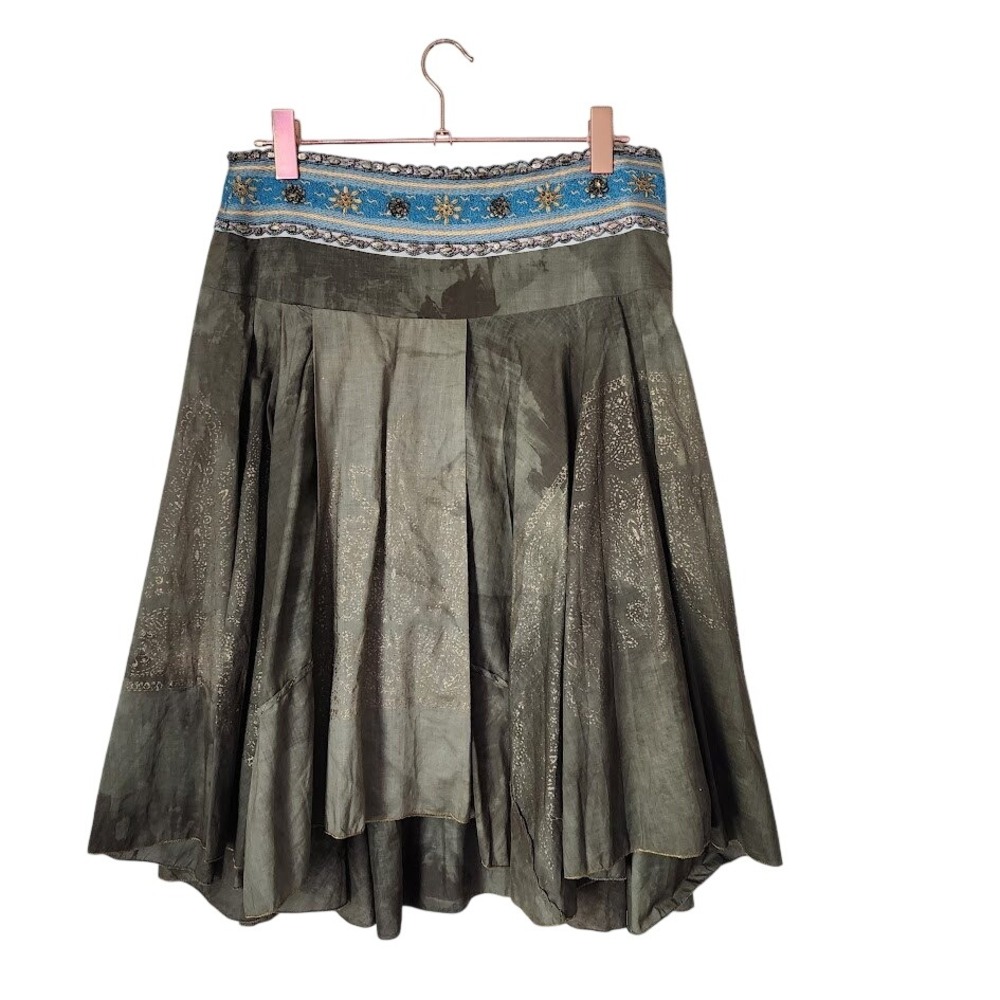 BOSTON‎ PROPER Vintage Boho Midi Skirt Olive Beaded Waist Whimsigoth Size M